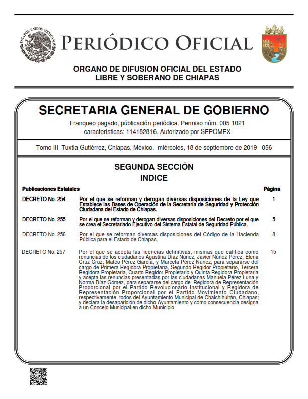 Acuerdo por el que se reforman y derogan diversas disposiciones del Acuerdo por el que se crea el Consejo Estatal de la Agenda 2030 para el Desarrollo Sostenible del Estado de Chiapas.